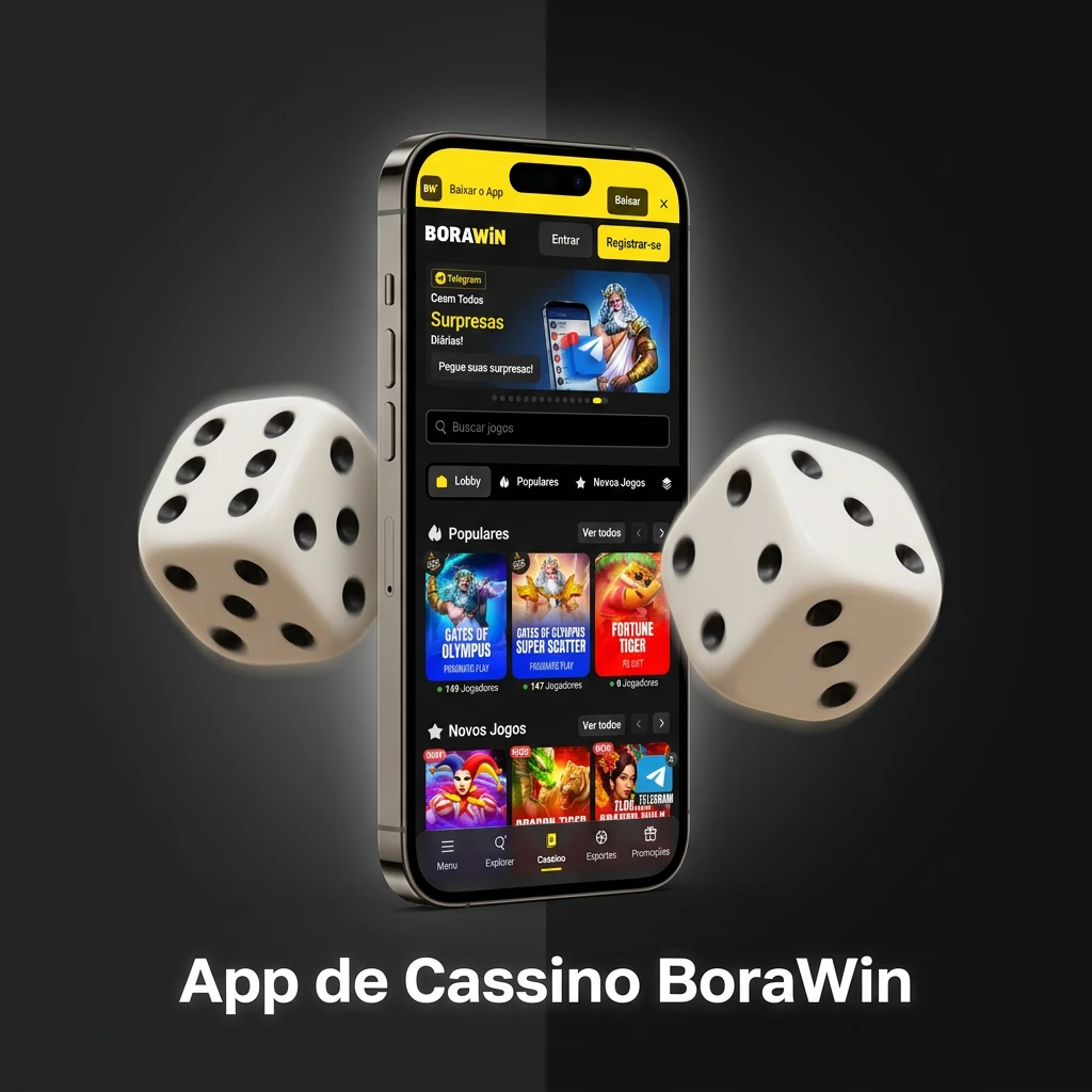 Interface do app de cassino BoraWin com jogos de mesa, caça-níqueis e salas ao vivo em alta definição.