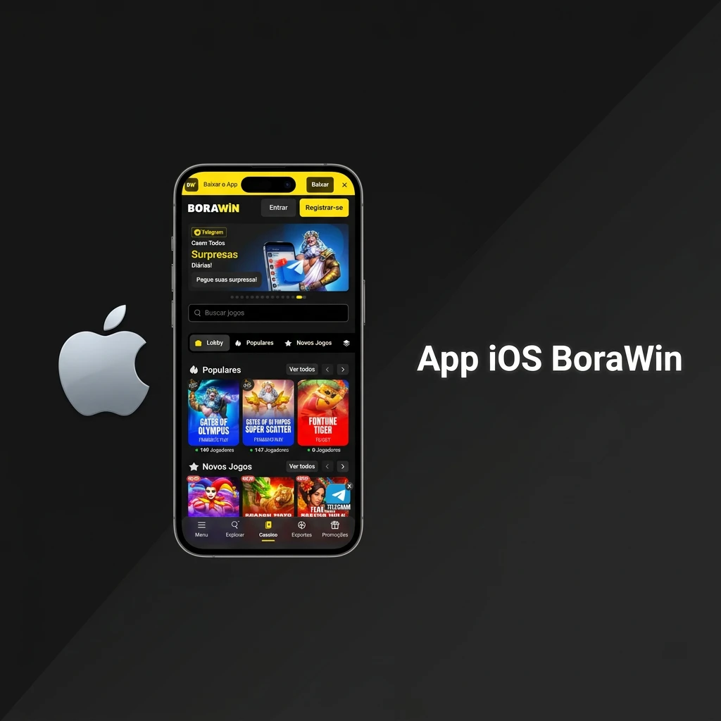 Interface compacta do app BoraWin para iOS exibida em um iPhone, com todas as funções do site.