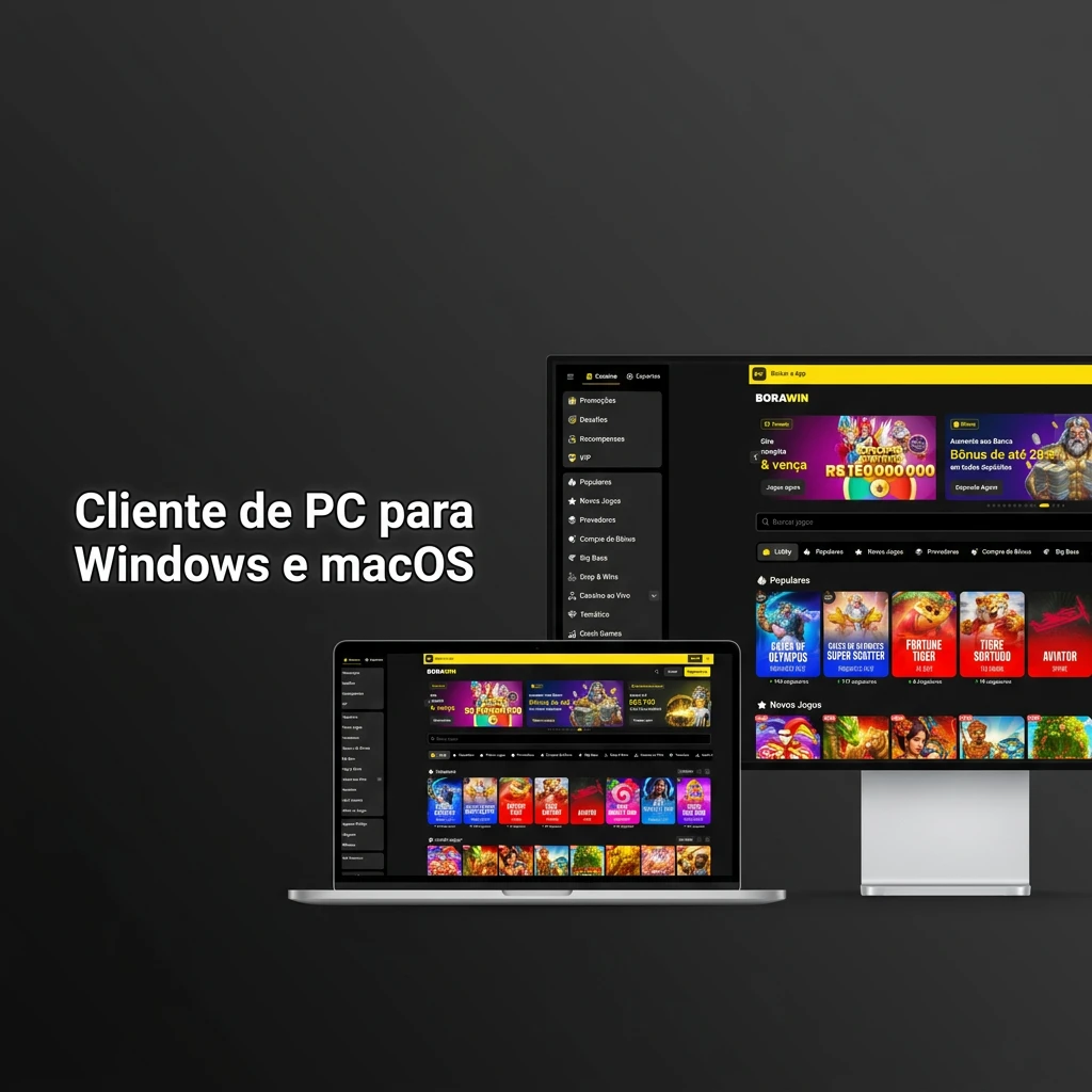 Plataforma BoraWin acessada diretamente pelo navegador em um PC Windows ou macOS, sem necessidade de download.