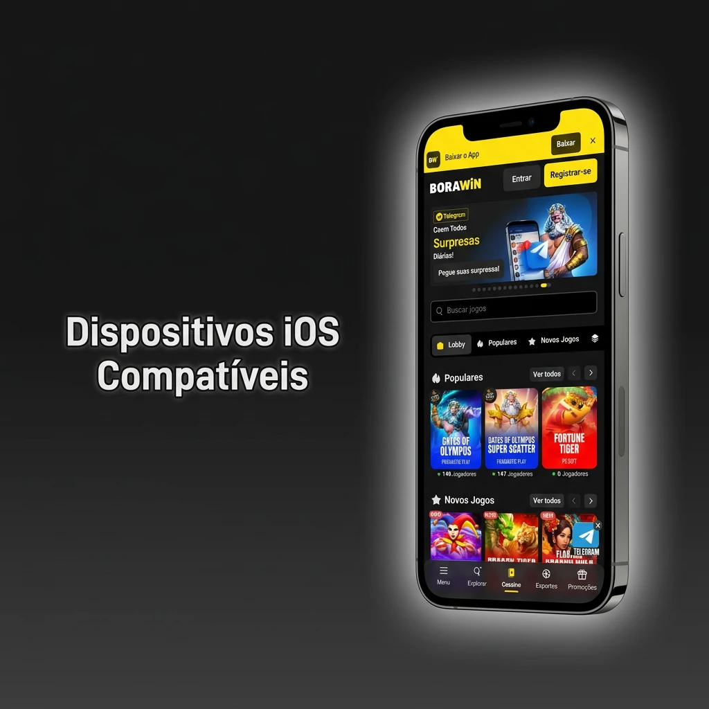 Dispositivos iOS compatíveis, listando modelos de iPhone do X ao 15 e iPads (Air, Pro, Mini).