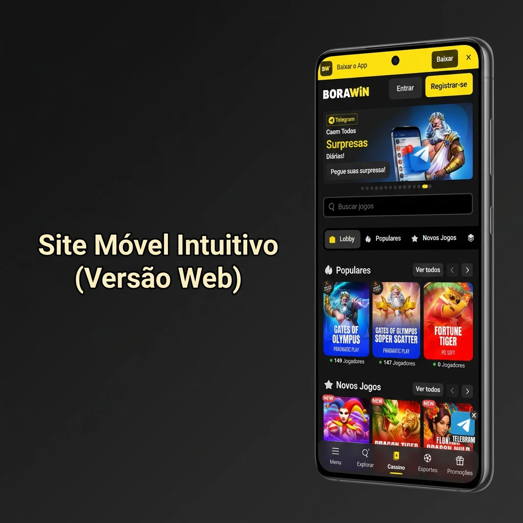 Interface do site móvel BoraWin na tela de um celular, destacando design responsivo e acesso completo sem downloads.