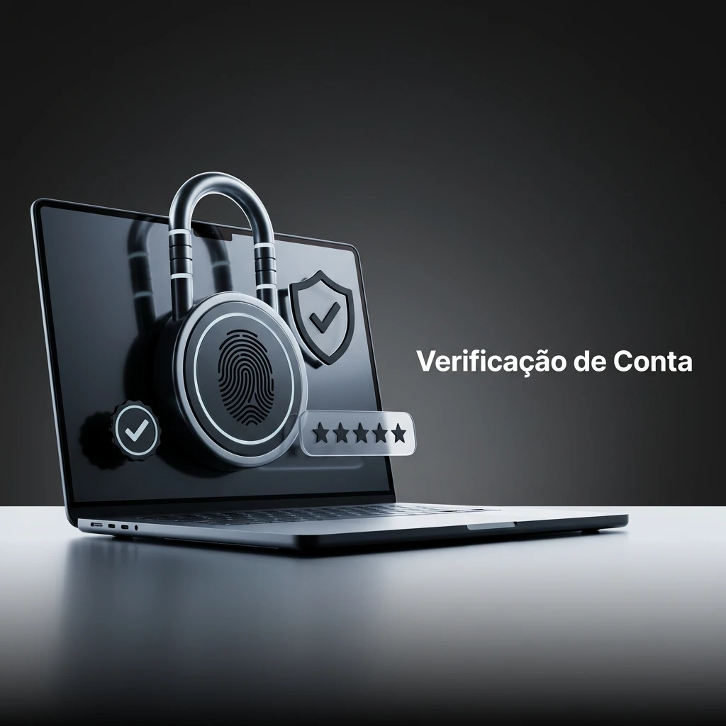 Infográfico dos 5 passos de verificação de conta: acessar perfil, enviar ID e endereço, e aguardar análise.