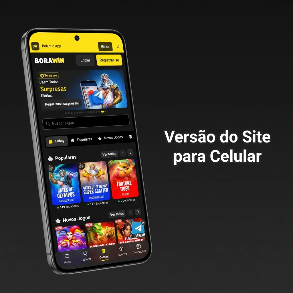 Interface do site móvel do cassino BoraWin, otimizada para celular com foco em toque e sem download.