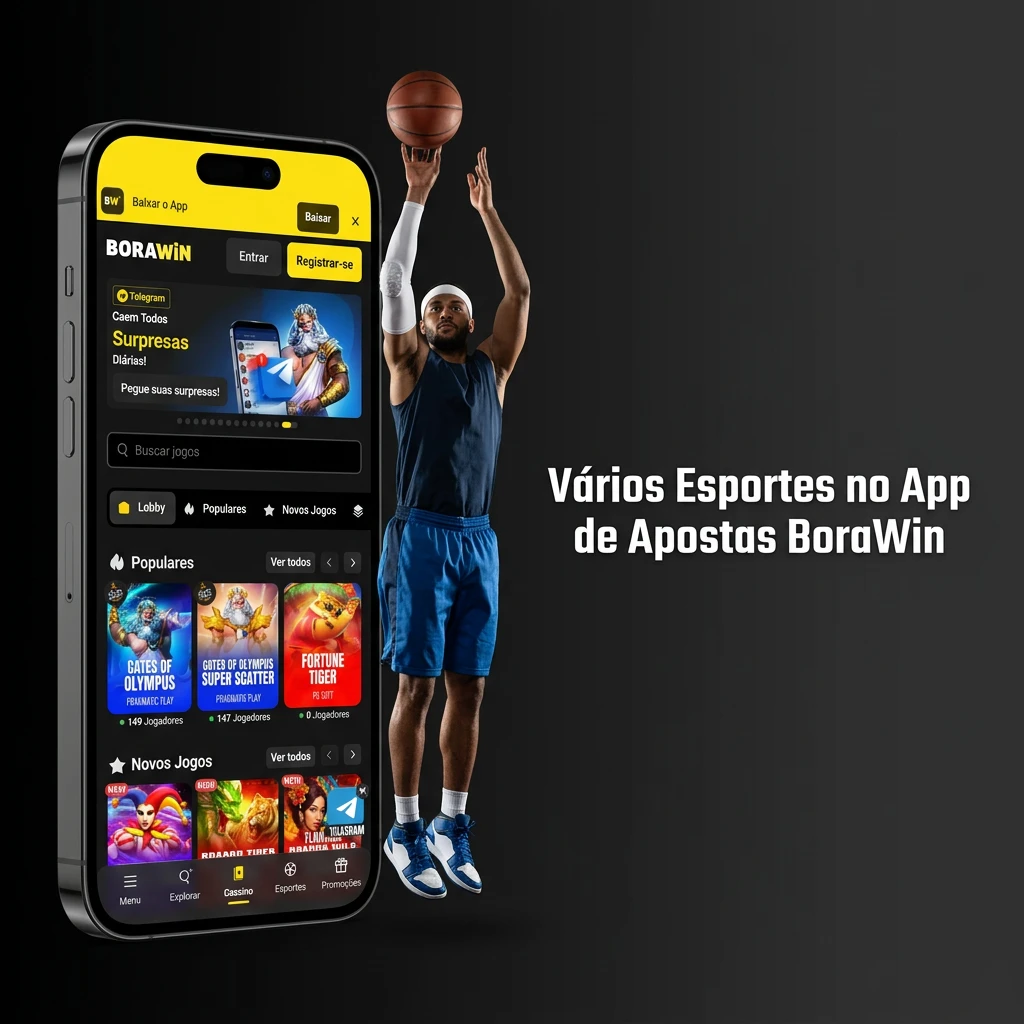 Interface do app BoraWin mostrando modalidades de apostas esportivas como futebol, basquete, MMA e eSports.