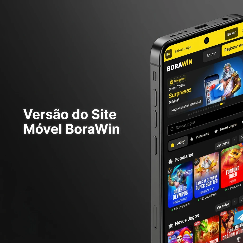 Site móvel BoraWin acessado via smartphone, exibindo recursos de apostas online e caça-níqueis.